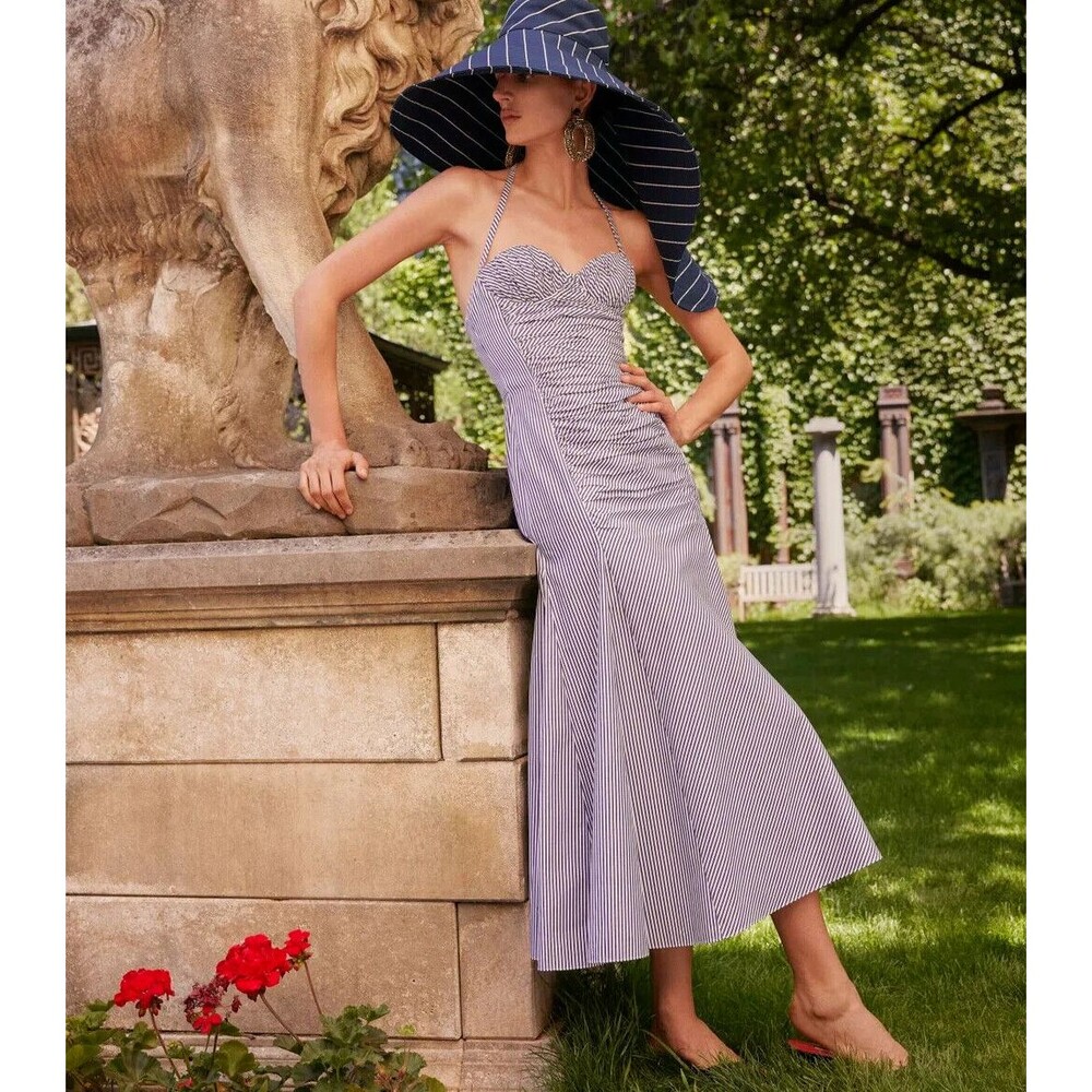 NWT. $1890 Carolina Herrera Halter Strap Bustier Striped Dress Sz 6 blue white